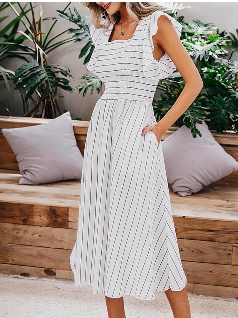 Simple White Striped Midi Dress with Flutter Sleeves